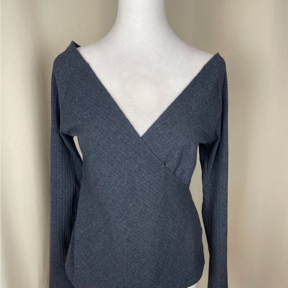 Maeve by Anthropologie Charcoal Grey  Long Sleeve V-Neck Wrap Top - Size XL